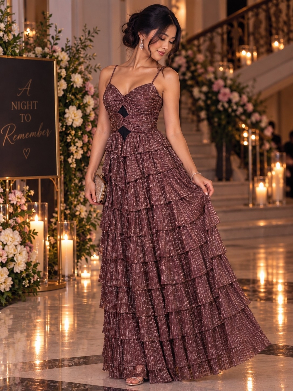 Gianni Bini Brown Metallic Tiered Ruffle Cutout Formal Gown Size 10 NWT